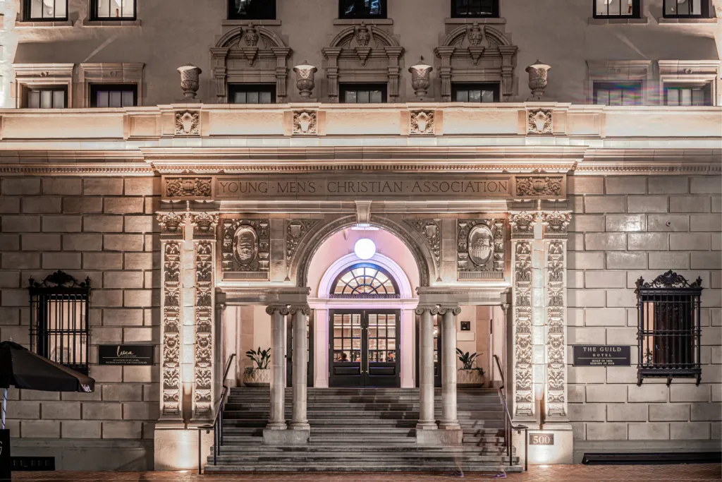 Historic hotel facade at night