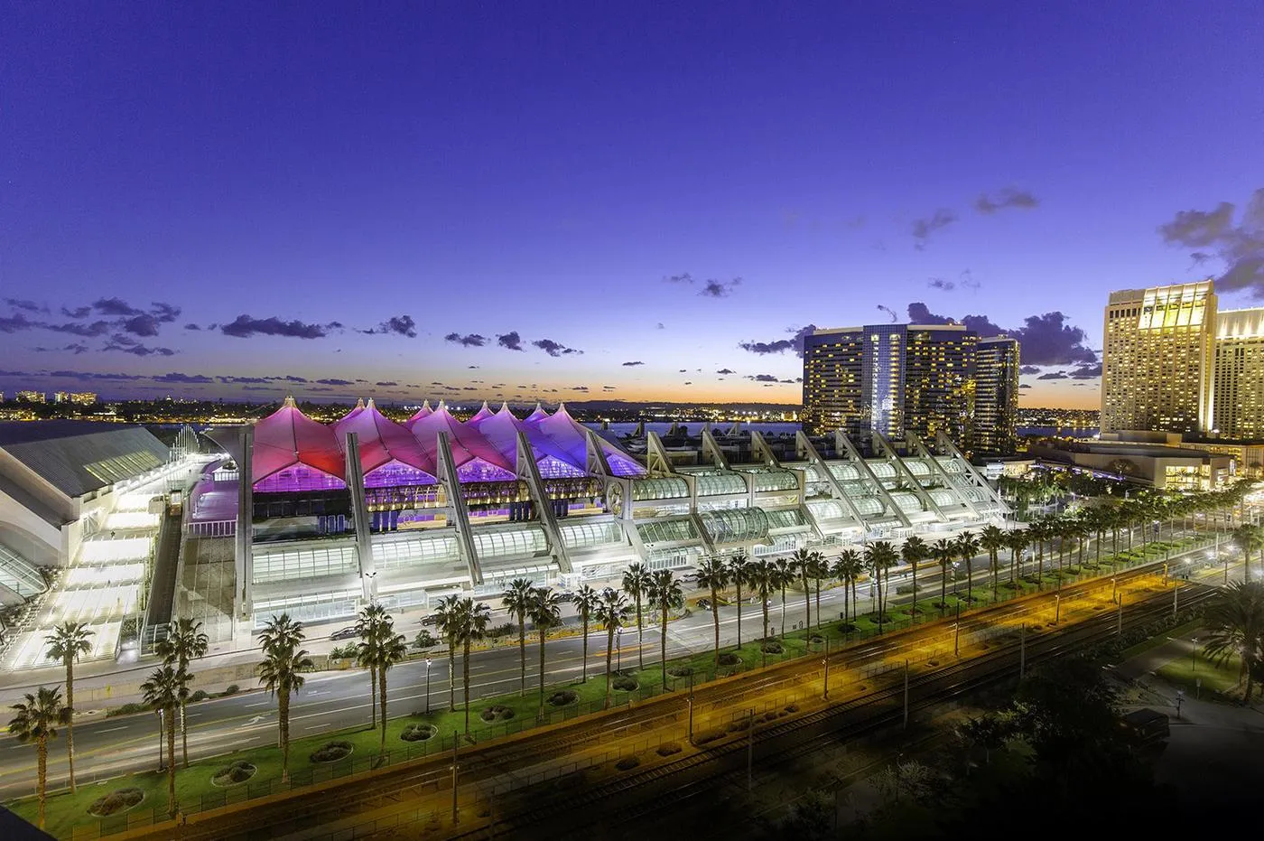 San Diego Convention Center sails lit at dusk