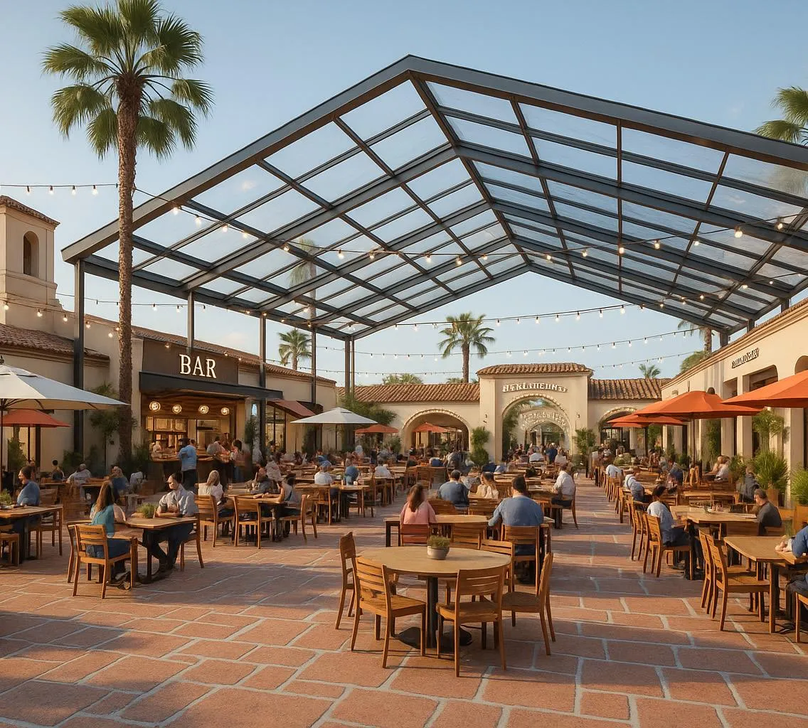 Conceptual rendering of the central courtyard with a trellis canopy and outdoor dining