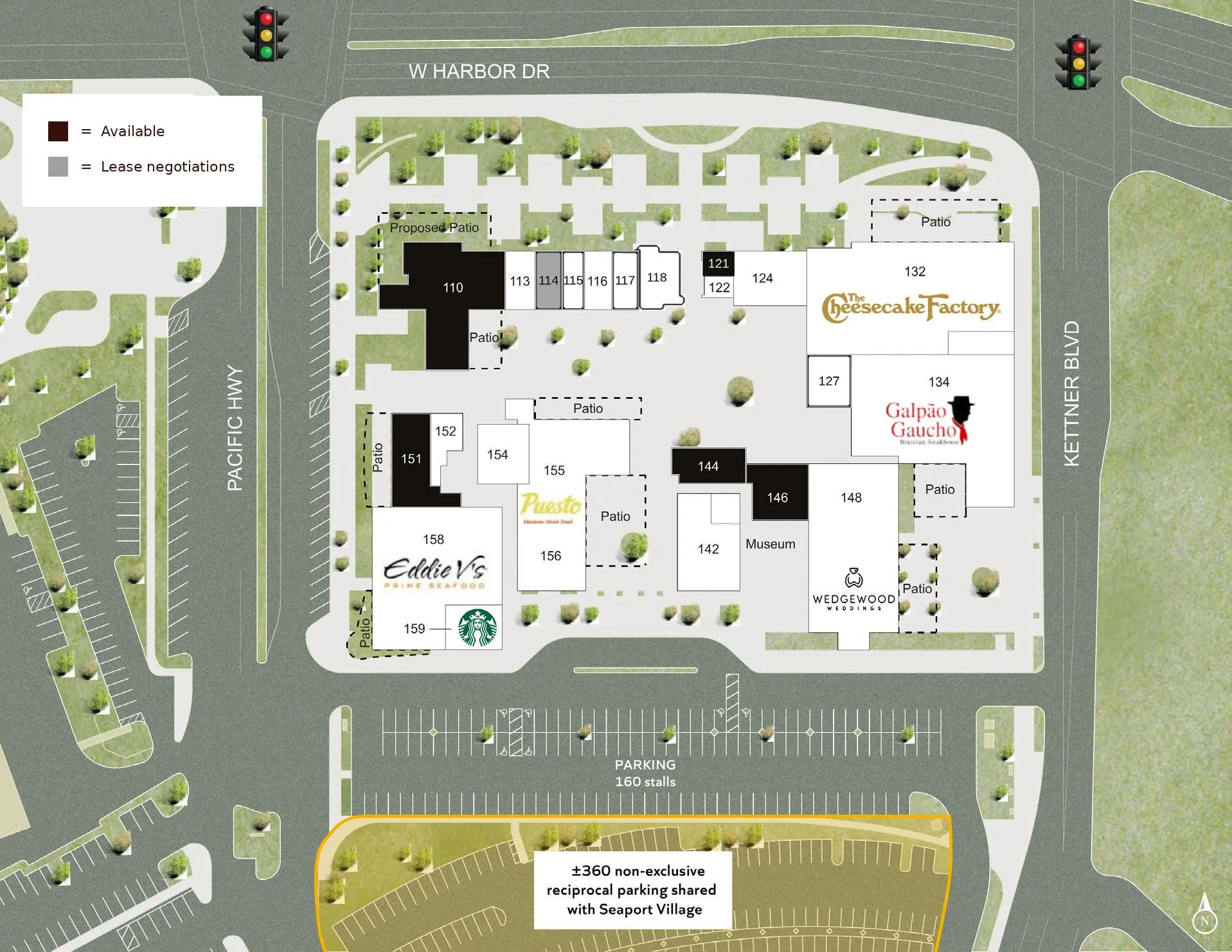 Site plan of The Headquarters at Seaport showing available suites 110, 121, 144, 146, 151 and 252A, tenant locations, and the shared parking field