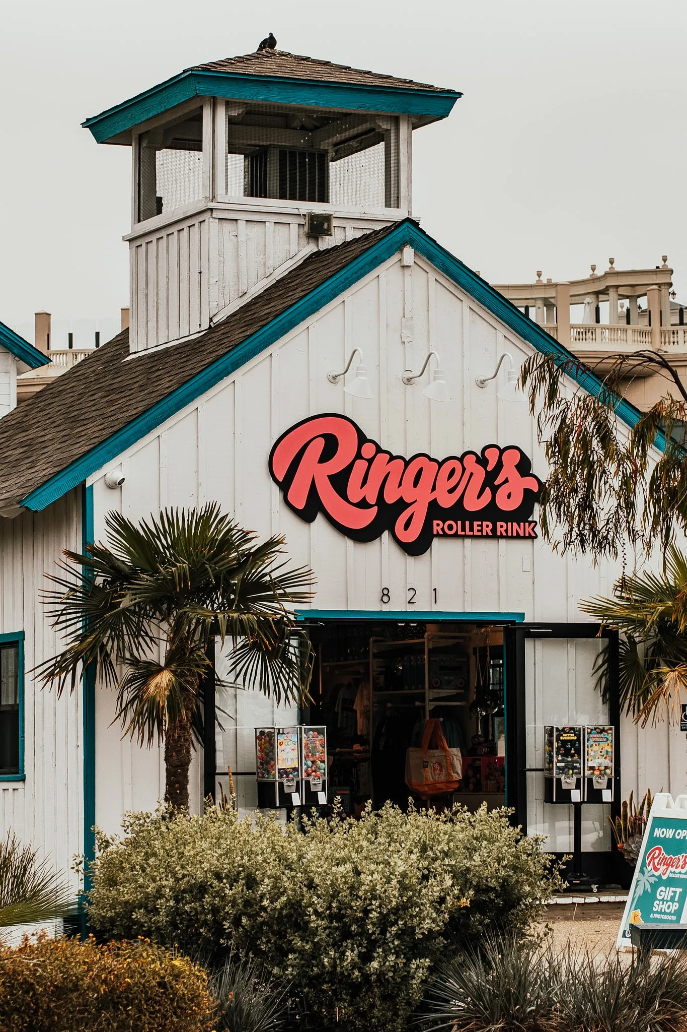 Roller rink storefront with palm trees