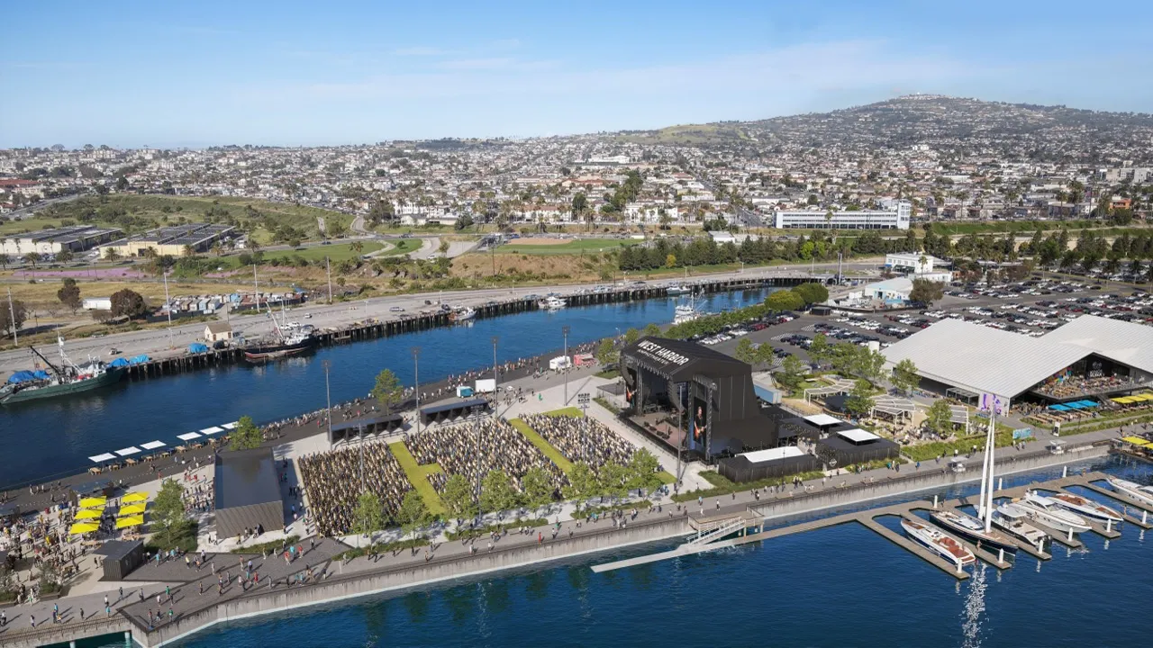 Aerial view of the West Harbor site by day, with the channel, the promenade and the fan zone lawn