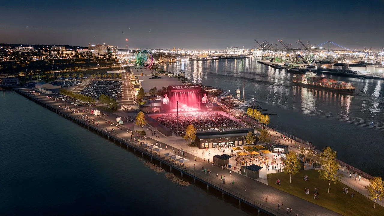 Rendering of West Harbor at night with the amphitheater lit and the port beyond